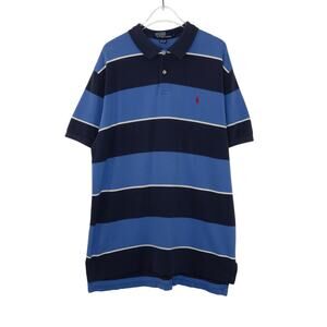 1990s Vintage Ralph Lauren Polo Navy Blue Striped Polo Shirt Men's Large